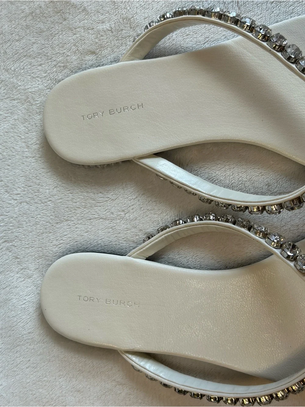 Tory Burch Crystal-Embellished White Thong Sandals Ivory Leather Women’s Size 9M